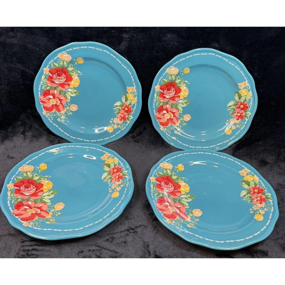 Pioneer Woman Vintage Floral Set of 6 Teal Scalloped Edge Side Plates 8.5" Rare